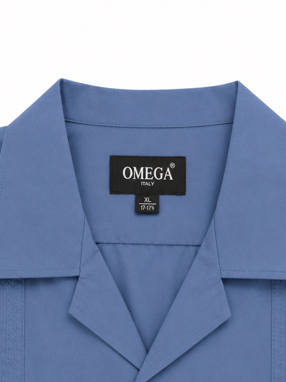 Omega Italy Guayabera Shirt XL Blue Embroidered Camp Collar 4 Pocket NWT Men - Picture 4 of 7